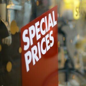 A red sign that says "special prices."