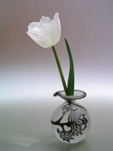 A single white rose in a vase with a blurred background.